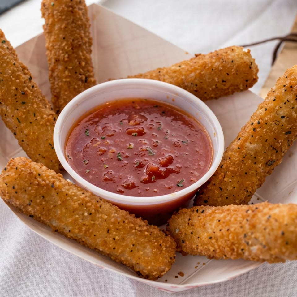 Crispy breaded cheese sticks seasoned with black seeds surround a bowl of marinara sauce in a paper serving tray.