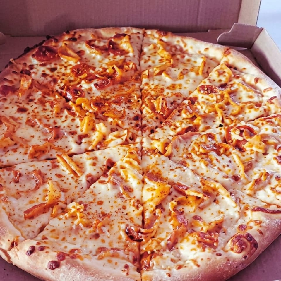 Large cheese pizza topped with crispy pieces, cut into slices, inside an open cardboard delivery box.