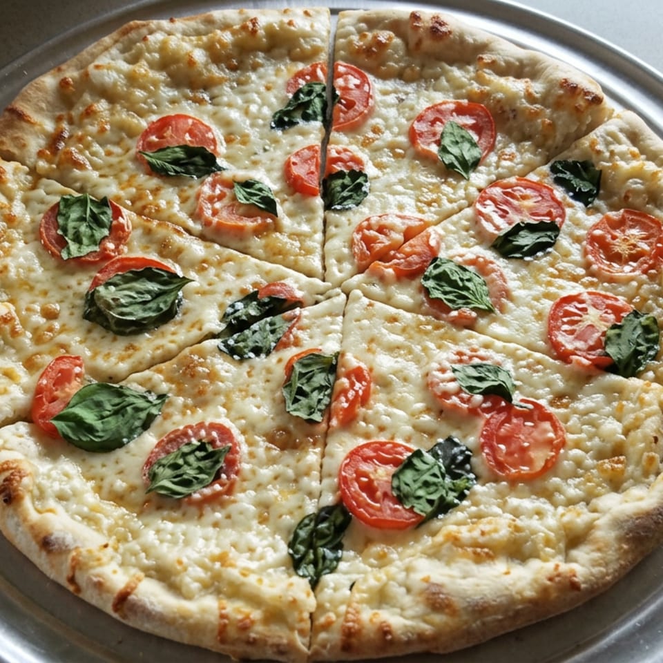 Cheese pizza topped with sliced tomatoes and fresh basil, cut into slices on a round metal serving tray.