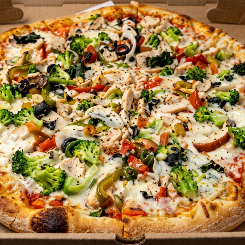 Vegetable and chicken pizza topped with broccoli, mushrooms, peppers, olives, tomatoes, and melted cheese in a cardboard box.