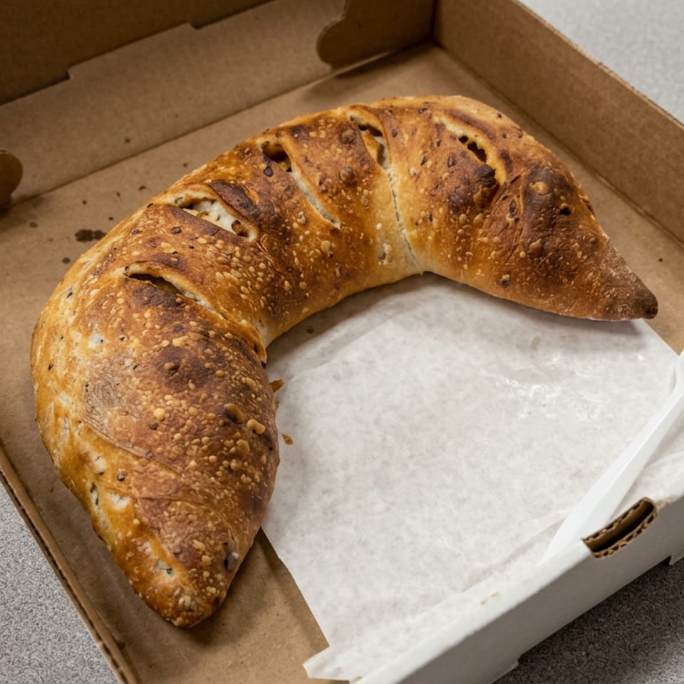 Golden, seed-topped crescent pastry served in an open cardboard box with a white plastic fork.
