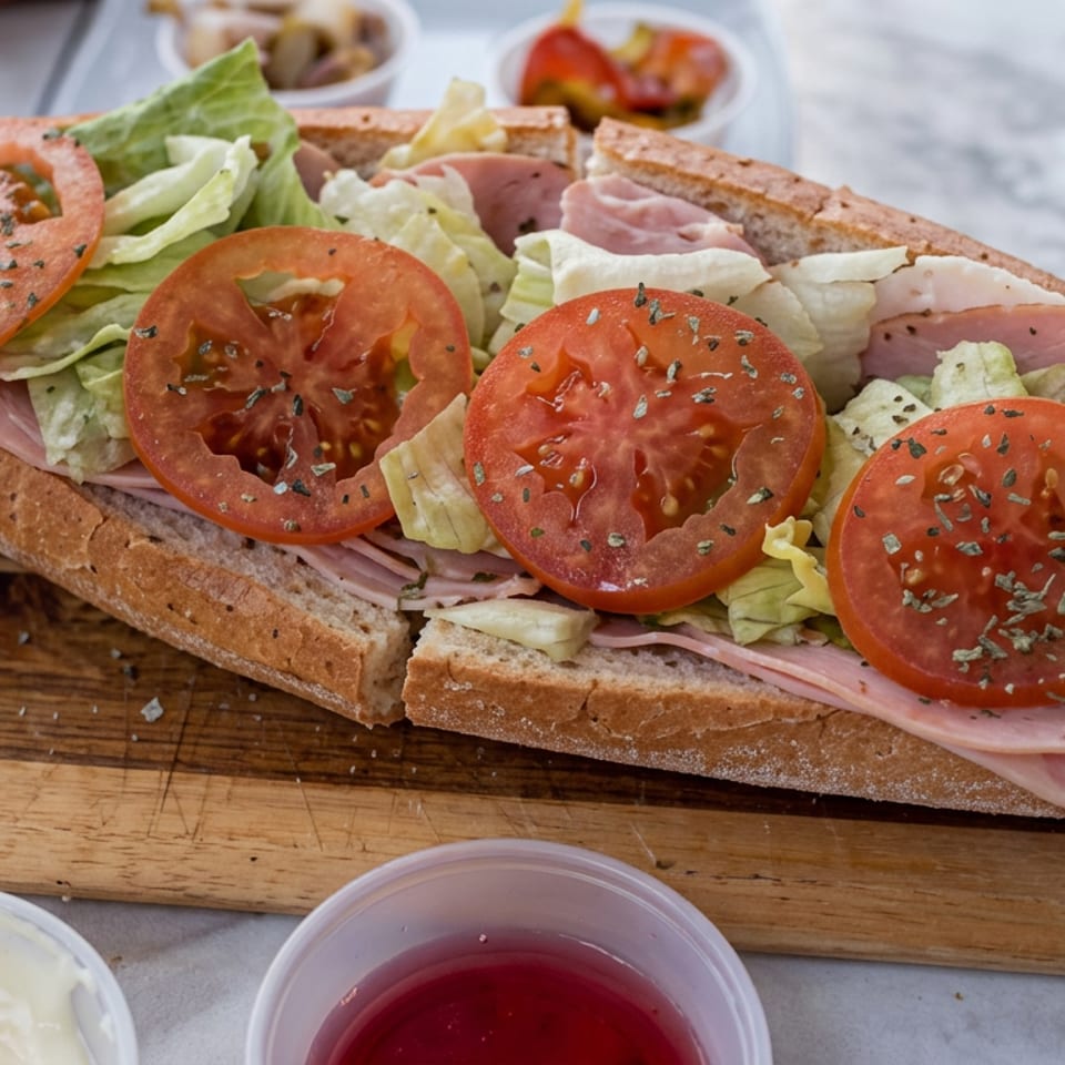 Open-faced ham and cheese sandwich topped with lettuce, sliced tomatoes, and herbs on a wooden cutting board.